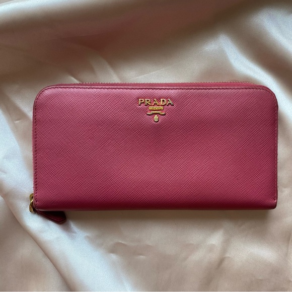 PRADA Logo Saffiano Leather Zip Around Long Wallet Rose Lightly Used - Picture 1 of 8
